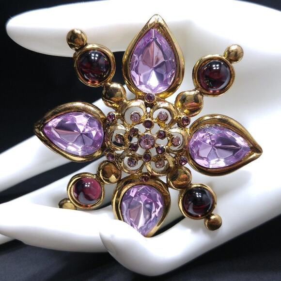 Vintage Purple Large Flower Brooch, Dark Light Purple Rhinestones, 2 3/4 Inches - Picture 1 of 8